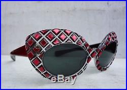 1950s High Winged Cat Eye Sunglasses France Pink & Black Diamonds Atomic Pin Up