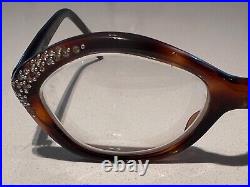 1950s KONO FRANCE Vintage Rhinestone & Carved Cat Eye Glasses RARE