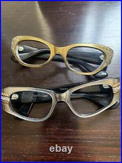2 Rhinestone Gold /Silver Vintage 50s Cat eyeglasses /sunglasses France