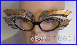 70s/80s vtg nos FRENCH EYEGLASS FRAMES Gold Silver Carved Jeweled BUTTERFLY WING