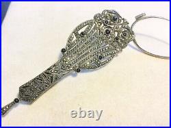 Antique Art Deco French Sterling w Marcasites & Onyx Ornate Folding Lorgnette
