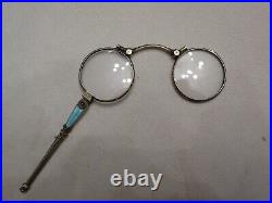Antique Silver French Blue Enamel Lorgnette Opera Glasses with Gemstones 1870-1890