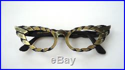 Black & Gold 50s Feather Cateye Mod Vintage French Eyeglasses Sunglasses Frame
