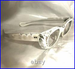 Frame France Vintage 60s Pearl White Rhinestone Cat Eye Glasses Unused NOS Carve