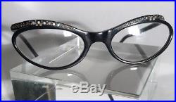 French Bakelite True vintage Black Rhinestone Cat Eye Glasses Made in France
