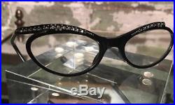 French Bakelite True vintage Black Rhinestone Cat Eye Glasses Made in France
