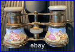 French OPERA GLASSES Antique Enamel Mother Of Pearl Courting Scene Circa 1900