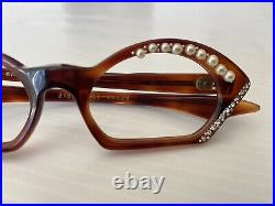 MCM Vintage Swank Cat Eye Rhinestone Pearl Eyeglasses Frame France 48 20
