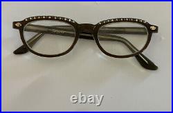 SELECTA Frame France Cat Eye Glasses Rhinestone Vintage Eyeglass Brown 44-22