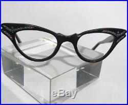 True vintage French Black Rhinestone Cat Eye Glasses Made in France- Tiny stars