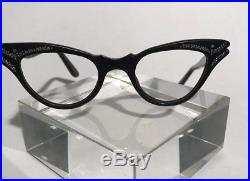 True vintage French Black Rhinestone Cat Eye Glasses Made in France- Tiny stars