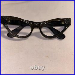 VINTAGE MID CENTURY CAT'S EYE Iridescent SUN GLASSES WithSET RHINESTONE Dark Brown