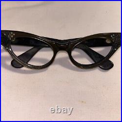 VINTAGE MID CENTURY CAT'S EYE Iridescent SUN GLASSES WithSET RHINESTONE Dark Brown