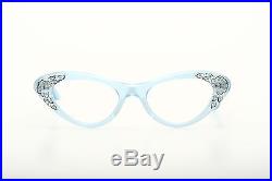 Vintage 1950s cateye eyeglasses Selecta velvet blue strass decor 42-22mm EG 1-2