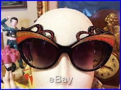 Vintage 1970s Art Deco Disco Cat Eye Sunglasses Made in France Carved & Jeweled