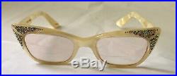Vintage 50s Cat Eye Faux Mother of Pearl Rhinestones Glasses Frame France 44-20
