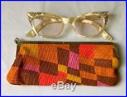 Vintage 50s Cat Eye Faux Mother of Pearl Rhinestones Glasses Frame France 44-20