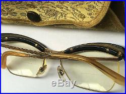 Vintage AMOR Eyeglasses France Gold Filled Cat Eye Black With Case