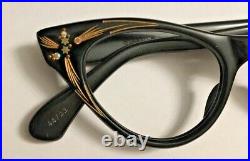Vintage Black cateye woman's frame France 42x18 tem 5.25 rhinestones eyeglasses