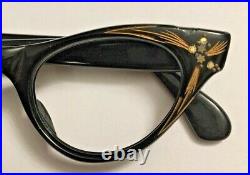 Vintage Black cateye woman's frame France 42x18 tem 5.25 rhinestones eyeglasses