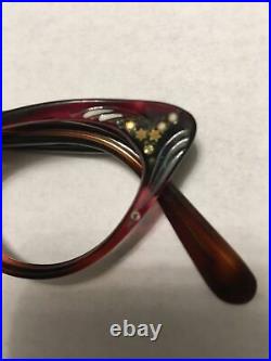 Vintage Brown cateye woman's frame France 44x22 temple 5.5 with rhinestones