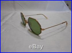 Vintage COTTET FRANCE 14K Gold Plated Octagonal Sunglasses Green Glass Lenses