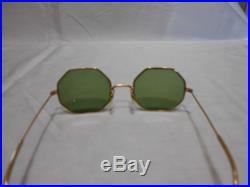 Vintage COTTET FRANCE 14K Gold Plated Octagonal Sunglasses Green Glass Lenses