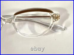 Vintage Cat Eye Frame France Rhinestones Eyeglasses Crystal Clear & Blond