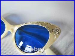 Vintage Cat Eye Metal Studs Eye Glasses Blue Lens Made in France