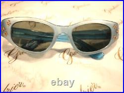 Vintage Cat Eye Metal Studs & Rhinestone Eye Glasses Green Lens Made in France