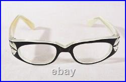 Vintage Eyeglass Frames, Swank, France, Cat Eye Black and Ivory, 44x20