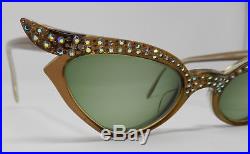 Vintage Swank France Translucent Brown AB Rhinestone Winged Cat Eye Glasses