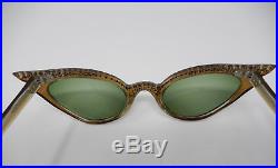 Vintage Swank France Translucent Brown AB Rhinestone Winged Cat Eye Glasses