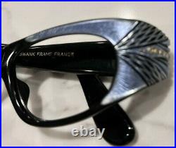 Vintage Swank Optical Cateye Blue Black Made in France 44x20 With Rhinestones