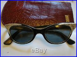 Vtg origina Antique Art France amber black rhinestone cat eye sunglassesFree SH