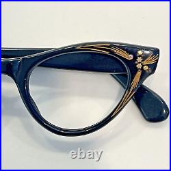 Woman's Black gold stripes Vintage cat eye Eyewear 42x18 5.25 temple rhinestones